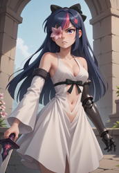 Size: 2560x3712 | Tagged: safe, imported from derpibooru, twilight sparkle, human, ai content, ai generated, angry, belly, belly button, bow, breasts, busty twilight sparkle, clothes, cosplay, costume, drakengard, drakengard 3, dress, female, flower, generator:pony diffusion v6 xl, generator:stable diffusion, hair bow, humanized, long sleeves, looking at you, prompter:foylertf, prosthesis, solo, solo female, sword, weapon, zero (drakengard)