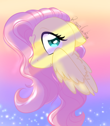 Size: 1238x1408 | Tagged: safe, artist:flutterbug18, imported from derpibooru, fluttershy, pegasus, pony, bust, cute, female, floppy ears, gradient background, hair over one eye, looking at you, mare, shyabetes, signature, smiling, smiling at you, solo