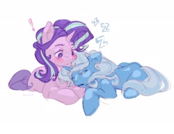 Size: 2048x1576 | Tagged: safe, artist:neexsa, imported from derpibooru, starlight glimmer, trixie, pony, unicorn, duo, duo female, exclamation point, female, horn, lesbian, mare, onomatopoeia, shipping, sleeping, sound effects, startrix, zzz