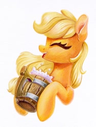 Size: 900x1200 | Tagged: safe, artist:maytee, imported from derpibooru, applejack, earth pony, pony, apple cider, cider, cider mug, colored pencil drawing, eyes closed, female, hatless, mare, missing accessory, mug, open mouth, open smile, simple background, smiling, solo, traditional art, white background