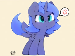 Size: 4000x3000 | Tagged: safe, artist:zokkili, imported from derpibooru, princess luna, alicorn, pony, cross-popping veins, cute, emanata, female, filly, filly luna, high res, horn, lunabetes, pictogram, signature, solo, speech bubble, spread wings, wings, woona, younger