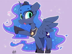 Size: 4000x3000 | Tagged: safe, artist:zokkili, imported from derpibooru, princess luna, alicorn, pony, blushing, crown, cute, ethereal mane, eyebrows, eyebrows visible through hair, female, heart, heart eyes, high res, hoof shoes, horn, jewelry, looking at you, lunabetes, mare, open mouth, peytral, princess shoes, raised hoof, regalia, signature, sparkles, spread wings, wingding eyes, wings