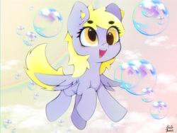 Size: 4000x3000 | Tagged: safe, artist:zokkili, imported from derpibooru, derpy hooves, pegasus, pony, beanbrows, blushing, bubble, cute, derpabetes, ear fluff, eye clipping through hair, eyebrows, eyebrows visible through hair, female, high res, mare, open mouth, open smile, signature, smiling, solo, spread wings, wings