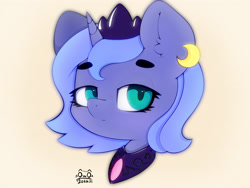 Size: 4000x3000 | Tagged: safe, artist:zokkili, imported from derpibooru, princess luna, pony, bust, crescent moon, crown, ear fluff, eyebrows, eyebrows visible through hair, female, high res, jewelry, lidded eyes, looking at you, moon, peytral, portrait, regalia, signature, simple background, solo