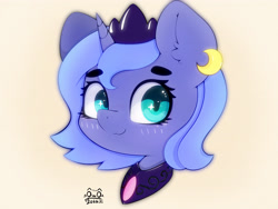 Size: 4000x3000 | Tagged: safe, artist:zokkili, imported from derpibooru, princess luna, pony, blush lines, blushing, bust, crescent moon, crown, cute, ear fluff, eyebrows, eyebrows visible through hair, female, high res, jewelry, looking at you, lunabetes, moon, peytral, portrait, regalia, signature, simple background, smiling, smiling at you, solo, sparkly eyes, wingding eyes