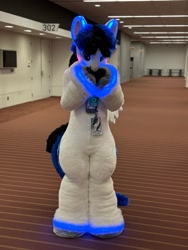 Size: 1500x2000 | Tagged: safe, imported from derpibooru, oc, oc only, oc:lightning flash, 2024, anthrocon, badge, corridor, fursuit, glowing, glowing ears, glowing hooves, hoof on cheek, indoors, irl, photo, ponysuit, solo