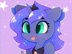 Size: 4000x3000 | Tagged: safe, artist:zokkili, imported from derpibooru, princess luna, alicorn, pony, :3, :p, crown, cute, eyebrows, eyebrows visible through hair, female, high res, horn, jewelry, lunabetes, peytral, regalia, signature, smiling, solo, stars, tongue out