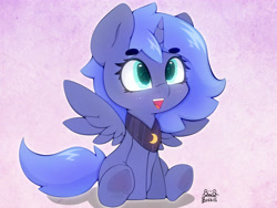 Size: 4000x3000 | Tagged: safe, artist:zokkili, imported from derpibooru, princess luna, alicorn, pony, cute, eyebrows, eyebrows visible through hair, female, filly, filly luna, high res, horn, lunabetes, open mouth, open smile, peytral, signature, sitting, smiling, spread wings, tail, underhoof, wings, woona, younger