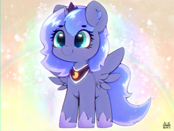 Size: 4000x3000 | Tagged: safe, artist:zokkili, imported from derpibooru, princess luna, alicorn, pony, crown, cute, ear fluff, eyebrows, eyebrows visible through hair, female, heart, high res, hoof shoes, horn, jewelry, lunabetes, mare, peytral, princess shoes, regalia, signature, smiling, solo, spread wings, tail, wings