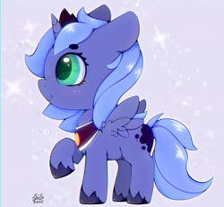 Size: 3250x3000 | Tagged: safe, artist:zokkili, imported from derpibooru, princess luna, alicorn, pony, crown, cute, female, high res, hoof shoes, horn, jewelry, lunabetes, mare, peytral, princess shoes, profile, raised hoof, regalia, side view, signature, small wings, smiling, solo, spread wings, tail, wings