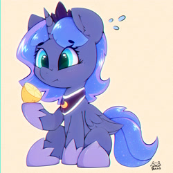 Size: 3000x3000 | Tagged: safe, artist:zokkili, imported from derpibooru, princess luna, alicorn, pony, crown, cute, ear fluff, eyebrows, eyebrows visible through hair, female, folded wings, food, high res, hoof shoes, horn, jewelry, lemon, looking at something, lunabetes, mare, peytral, princess shoes, regalia, signature, sitting, solo, tail, wings