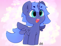 Size: 4000x3000 | Tagged: safe, artist:zokkili, imported from derpibooru, princess luna, alicorn, pony, cute, ear fluff, eyebrows, eyebrows visible through hair, female, filly, filly luna, high res, horn, lunabetes, open mouth, open smile, signature, smiling, solo, spread wings, tail, wings, woona, younger