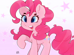 Size: 4000x3000 | Tagged: safe, artist:zokkili, imported from derpibooru, pinkie pie, earth pony, pony, ear fluff, female, high res, mare, open mouth, open smile, raised hoof, signature, smiling, solo, tail