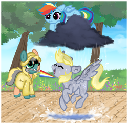 Size: 2192x2120 | Tagged: safe, artist:nootaz, imported from derpibooru, derpy hooves, rainbow dash, oc, oc:czairkolmoslink, pegasus, pony, cloud, commission, puddle, rain, raincloud, raincoat, umbrella