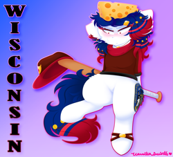 Size: 1573x1428 | Tagged: safe, artist:vanillaswirl6, imported from derpibooru, oc, oc only, oc:wisconsin, baseball bat, cheese, cheese hat, food, hat, simple background, united states, vanillaswirl6's state ponies, wisconsin