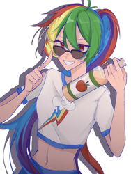 Size: 1668x2224 | Tagged: safe, alternate version, artist:shiyi12000, imported from derpibooru, rainbow dash, human, belly, belly button, cider, clothes, grin, holding, humanized, looking at you, shirt, simple background, smiling, solo, sunglasses, t-shirt, white background