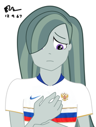 Size: 1600x2133 | Tagged: safe, artist:copy1234v2, imported from derpibooru, marble pie, human, equestria girls, clothes, football, humanized, jersey, looking down, russia, shirt, shy, simple background, solo, sports, white background