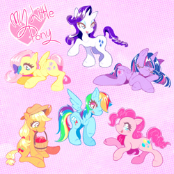 Size: 2500x2500 | Tagged: safe, artist:leshitprince, imported from derpibooru, applejack, fluttershy, pinkie pie, rainbow dash, rarity, twilight sparkle, alicorn, butterfly, earth pony, pegasus, pony, unicorn, apple, applejack's hat, bucket, cowboy hat, cute, eyeshadow, female, food, hat, horn, makeup, mane six, mare, open mouth, purple background, simple background, twilight sparkle (alicorn)