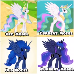 Size: 1920x1920 | Tagged: safe, imported from derpibooru, princess celestia, princess luna, alicorn, pony, 3d, comparison, crown, duo, duo female, ethereal mane, female, gameloft, jewelry, mare, my little pony: magic princess, regalia, royal sisters, siblings, sisters