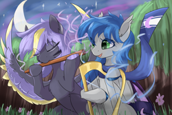 Size: 3000x2000 | Tagged: safe, artist:rainenight, imported from derpibooru, oc, oc only, oc:moonlit flower, oc:startlit classics, bat pony, pegasus, female, flute, forest, harp, magic, mare, musical instrument, nature, tree