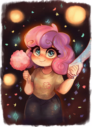 Size: 2841x3914 | Tagged: safe, artist:polnocnykot, imported from derpibooru, sweetie belle, human, unicorn, equestria girls, blush lines, blushing, bracelet, celebration, child, clothes, commissioner:shaddar, confetti, cotton candy, crystal, cute, denim, dress, duo, evening, fanfic art, female, flower, freckles, glowing, glowing eyes, hand, happy, illustration, jeans, jewelry, lights, looking at you, offscreen character, pants, shirt, smiling, smiling at you, solo focus, sparkles, t-shirt, two toned hair