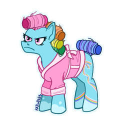 Size: 657x656 | Tagged: safe, imported from derpibooru, rainbow dash (g3), earth pony, alternate cutie mark, alternate design, bathrobe, clothes, female, g3, g3 rainbow dash is not amused, hair curlers, mare, robe, simple background, solo, transparent background, unamused