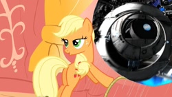 Size: 1280x720 | Tagged: safe, artist:poniesmeme20, edit, edited screencap, imported from derpibooru, screencap, applejack, earth pony, pony, look before you sleep, bedroom eyes, exploitable meme, female, golden oaks library, meme, portal, portal (valve), space core, window