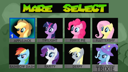 Size: 1280x720 | Tagged: safe, artist:umsx, imported from derpibooru, applejack, derpy hooves, fluttershy, pinkie pie, rainbow dash, rarity, trixie, twilight sparkle, earth pony, pegasus, pony, unicorn, applejack's hat, cape, character select, clothes, cowboy hat, hat, horn, mane six, mario kart, mario kart 64, super mario bros., trixie's cape, trixie's hat