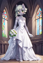 Size: 832x1216 | Tagged: safe, imported from derpibooru, limestone pie, anthro, ai content, ai generated, blushing, bouquet, clothes, cute, dress, flower, happy, innocent, prompter:vtaviscratch, smiling, wedding dress