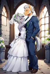 Size: 832x1216 | Tagged: safe, imported from derpibooru, igneous rock pie, limestone pie, anthro, ai content, ai generated, clothes, dress, father and child, father and daughter, female, happy, hug, male, prompter:vtaviscratch, smiling, tuxedo, wedding dress