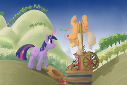 Size: 3500x2343 | Tagged: safe, artist:lupin quill, imported from derpibooru, applejack, twilight sparkle, earth pony, pony, unicorn, series:newtonian physics (weight gain), applebuck season, apple cart, belly, chubby, fat, fat fetish, feeder, fetish, force feeding, harness, lineless, magic, moaning, moaning in pleasure, plump, scene interpretation, silly, silly pony, stuffed, stuffing, tack, telekinesis, this will end in weight gain, unicorn twilight, upside down, weight gain sequence