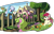 Size: 880x560 | Tagged: safe, artist:algoatall, artist:greenybeanz, artist:hattsy, artist:maretian, artist:violavaquita, berry punch, berryshine, daisy, flower wishes, lily, lily valley, linky, roseluck, shoeshine, sunshower raindrops, earth pony, pegasus, pony, bush, carrot, collaboration, female, fence, flower, flower trio, food, garden, house, mare, picket fence, plant pot, ponyville, raised eyebrows, scenery, smiling, tongue out, tree, trowel