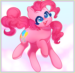 Size: 1280x1254 | Tagged: safe, artist:ghoulette0884, imported from derpibooru, pinkie pie, earth pony, pony, blue eyes, cross-eyed, cute, diapinkes, female, full body, mare, open mouth, open smile, raised hoof, smiling, solo