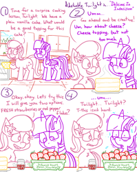 Size: 4779x6013 | Tagged: safe, artist:adorkabletwilightandfriends, imported from derpibooru, lily, lily valley, twilight sparkle, alicorn, comic:adorkable twilight and friends, adorkable, adorkable twilight, cake, comic, concerned, concerned pony, cute, decision, dork, food, friendship, funny, happy, humor, kitchen, nervous, nervous sweat, pepper, question, slice of life, smiling, standing, strawberry, sweat, sweating profusely, thinking, twilight sparkle (alicorn)