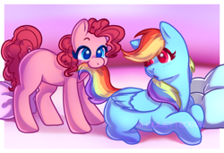 Size: 1104x755 | Tagged: safe, artist:ghoulette0884, imported from derpibooru, pinkie pie, rainbow dash, earth pony, pegasus, pony, :o, blue coat, cute, duo, duo female, eating, female, looking at someone, nom, open mouth, passepartout, smiling, tail, tail in mouth