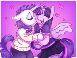 Size: 2048x1536 | Tagged: safe, artist:ghoulette0884, imported from derpibooru, rarity, twilight sparkle, alicorn, anthro, unicorn, cheek kiss, clothes, duo, duo female, eyes closed, female, gradient background, horn, kissing, lesbian, open mouth, open smile, pants, passepartout, pink background, rarilight, shipping, shirt, simple background, skirt, smiling, twilight sparkle (alicorn), white coat, wings