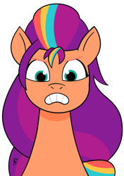 Size: 1956x2773 | Tagged: safe, artist:frownfactory, imported from derpibooru, sunny starscout, earth pony, pony, female, g5, looking at you, mane stripe sunny, mare, my little pony: tell your tale, simple background, solo, sunny starscout is not amused, transparent background, unamused