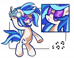 Size: 1947x1521 | Tagged: safe, artist:squidbly, imported from derpibooru, dj pon-3, vinyl scratch, pony, unicorn, bipedal, bust, colored pinnae, female, glasses, headphones, horn, mare, music notes, open mouth, passepartout, portrait, raised hoof, simple background, smiling, solo, standing, underhoof, vinyl's glasses, white background, windswept hair