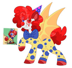 Size: 5638x5376 | Tagged: safe, artist:crazysketch101, imported from derpibooru, pony, pony town, bat wings, bowtie, clown, clown nose, hat, necktie, onesie, party hat, polka dots, red nose, solo, wings