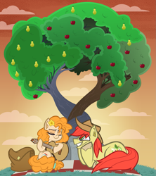 Size: 1197x1347 | Tagged: safe, artist:yellowthunder47, imported from derpibooru, bright mac, pear butter, earth pony, pony, the perfect pear, acoustic guitar, apple, apple tree, brightbutter, dexterous hooves, duo, duo male and female, female, food, grin, guitar, intertwined trees, lidded eyes, lying down, male, mare, musical instrument, pear tree, picnic blanket, prone, rock, shipping, sitting, smiling, stallion, straight, sunset, tree