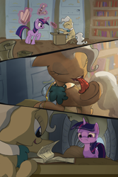 Size: 3143x4711 | Tagged: safe, artist:ciborgen, imported from derpibooru, mayor mare, twilight sparkle, earth pony, pony, unicorn, book, bookshelf, duo, duo female, eyes closed, female, floppy ears, frown, high res, hoof licking, inkwell, levitation, licking, magic, mare, no dialogue, quill, scroll, telekinesis, tongue out, underhoof, unicorn twilight