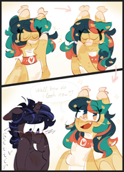 Size: 2550x3550 | Tagged: safe, artist:pakmur, imported from derpibooru, oc, oc only, oc:olen, oc:space, bat pony, unicorn, chest fluff, collar, comic, cute, ear fluff, ear tufts, flower, hair tie, horn, looking at you, simple background, smiling, smiling at you