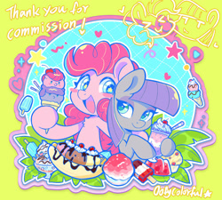 Size: 2000x1803 | Tagged: safe, artist:oofycolorful, imported from derpibooru, maud pie, pinkie pie, earth pony, pony, :d, banana, blushing, chocolate, commission, cup, female, food, hoof hold, ice cream, leaf, lime background, mare, open mouth, open smile, outline, siblings, sisters, smiling, starry eyes, text, white outline, wingding eyes