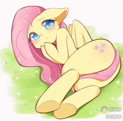 Size: 992x982 | Tagged: safe, artist:jiuzur, imported from derpibooru, fluttershy, pegasus, pony, blushing, butt, female, grass, hooves on cheeks, looking at you, lying down, mare, on side, simple background, solo, text, white background