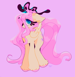 Size: 2008x2048 | Tagged: safe, artist:foxelity, imported from derpibooru, fluttershy, butterfly, pegasus, pony, blue eyes, colored hooves, eye clipping through hair, eyebrows, eyebrows visible through hair, female, folded wings, full body, high res, hooves, mare, pink background, pink hooves, pink mane, pink tail, signature, simple background, solo, tail, unshorn fetlocks, wings, yellow coat