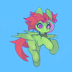 Size: 850x850 | Tagged: safe, alternate version, artist:cutesykill, imported from derpibooru, oc, oc only, oc:enokai, bat pony, pony, bandana, bat pony oc, bat wings, big ears, big eyes, blank flank, blue background, claws, colored eyebrows, commission, eyebrows, eyebrows visible through hair, female, green coat, looking at you, mare, multicolored mane, neckerchief, purple eyes, raised hooves, red mane, red tail, saturated, simple background, smiling, smiling at you, solo, spiky mane, spiky tail, spread wings, tail, thick eyelashes, two toned eyes, wing claws, wingding eyes, wings