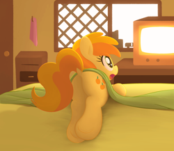 Size: 3000x2600 | Tagged: safe, artist:algoatall, peachy pie, earth pony, pony, bed, bedroom, bedsheets, butt, dock, featureless crotch, female, filly, happy, looking away, lying down, open mouth, plot, solo, television, window