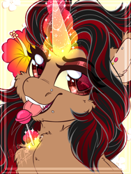 Size: 1800x2400 | Tagged: safe, artist:thehaywaiianhorse, imported from derpibooru, oc, oc only, oc:bramble angel mele, pony, unicorn, bust, candy, female, flower, flower in hair, food, horn, lollipop, magic, mare, portrait, solo