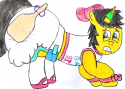 Size: 3053x2174 | Tagged: safe, artist:bitter sweetness, imported from derpibooru, oc, oc only, oc:bitter sweetness, pony, unicorn, abdl, adult foal, bow, clothes, diaper, diaper fetish, fetish, green eyes, gritted teeth, hair bow, high res, horn, horn ring, jewelry, levitation, lip bite, looking back, magic, magic suppression, non-baby in diaper, paddle, paddling, poofy diaper, ring, simple background, sissy, socks, solo, spanking, teeth, telekinesis, traditional art, unicorn oc, white background