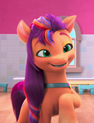 Size: 825x1080 | Tagged: safe, imported from derpibooru, screencap, sunny starscout, earth pony, pony, spoiler:g5, spoiler:my little pony: make your mark, spoiler:my little pony: make your mark chapter 4, spoiler:mymc04e06, a little horse, cropped, crystal brighthouse, female, g5, indoors, mane stripe sunny, mare, my little pony: make your mark, my little pony: make your mark chapter 4, raised hoof, smiling, solo